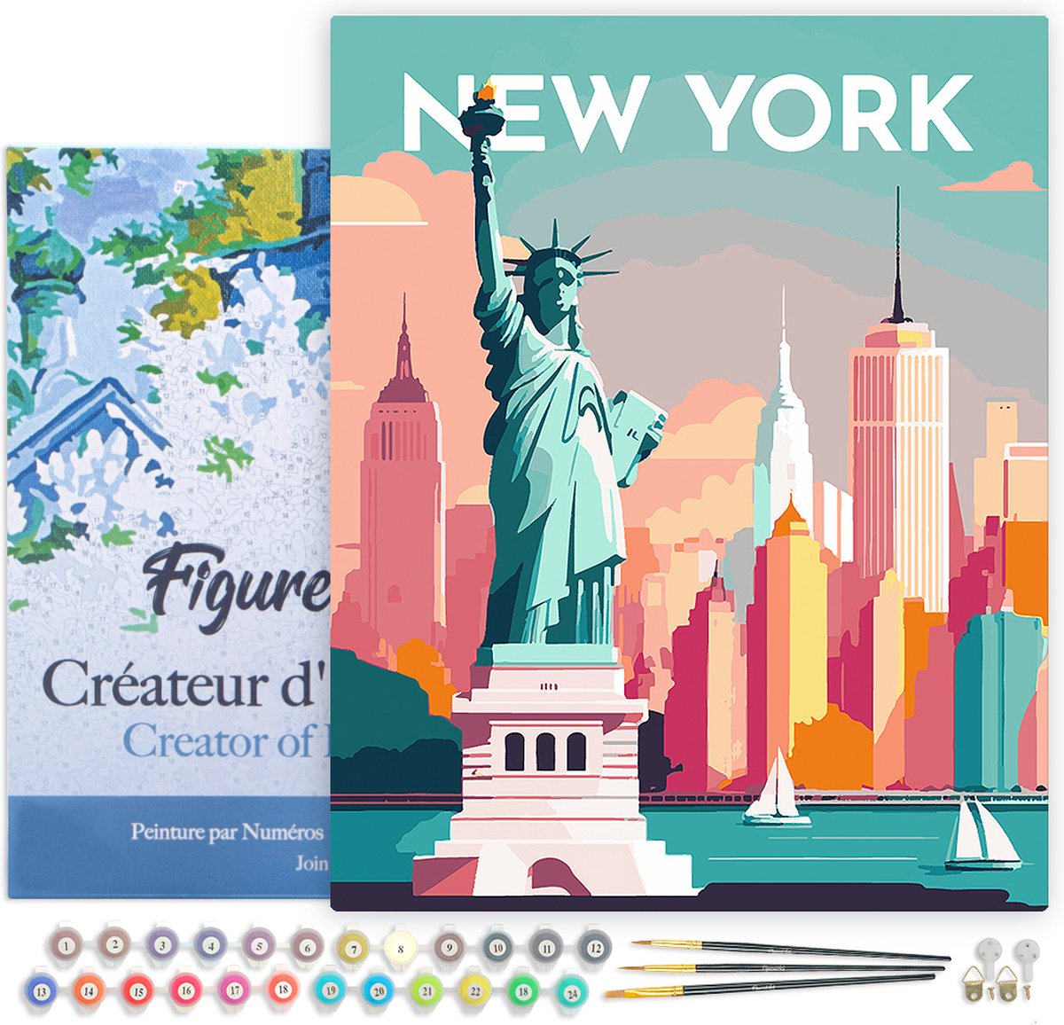FiguredArt Schilderen op Nummer Volwassenen met lijst Reisposter New York- Handwerk acrylverf Kit DIY Compleet - 40x50cm Canvas al ingelijst